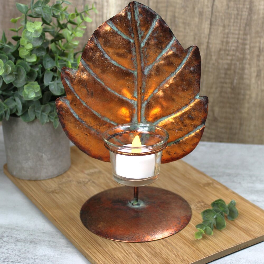 Metal Leaf Candle Holder Stand with Copper Finish Patina Glass Candle Cup 8-3/4"